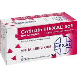 Weiße Packung von Cetirizin HEXAL Saft gegen Allergien.