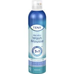 Eine blaue Flasche mit TENA ProSkin Wash Mousse, 400 ml.