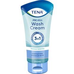 Eine blaue Tube von TENA Proskin Waschcreme mit 250 ml Inhalt.