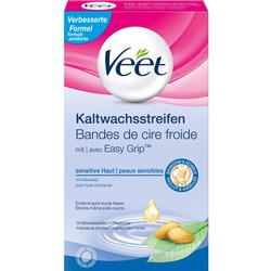 Die Verpackung zeigt Veet Kaltwachsstreifen für empfindliche Haut mit Mandelöl.