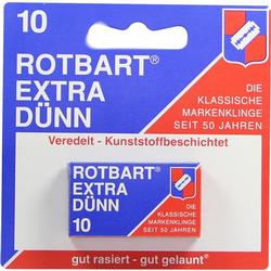 Eine Verpackung für Rasierklingen der Marke Rotbart in Blau und Rot.
