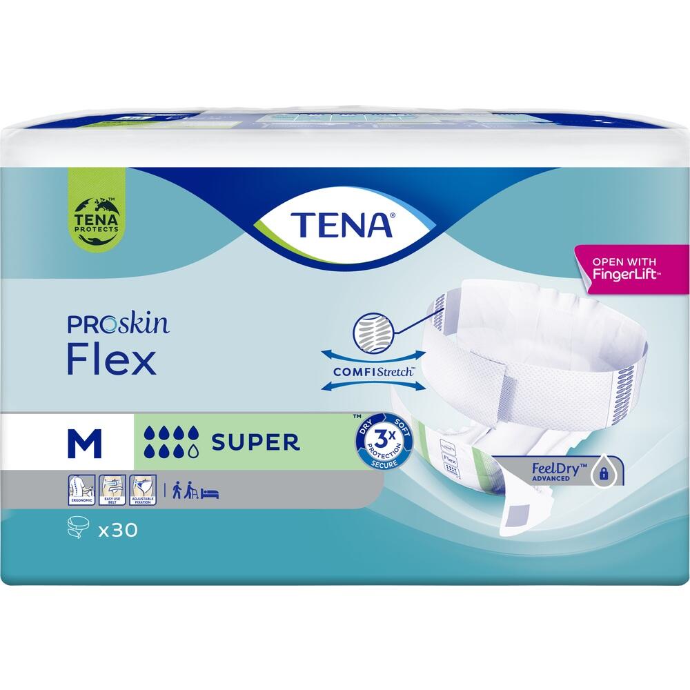Eine Packung TENA ProSkin Flex Inkontinenzprodukte in Größe M.
