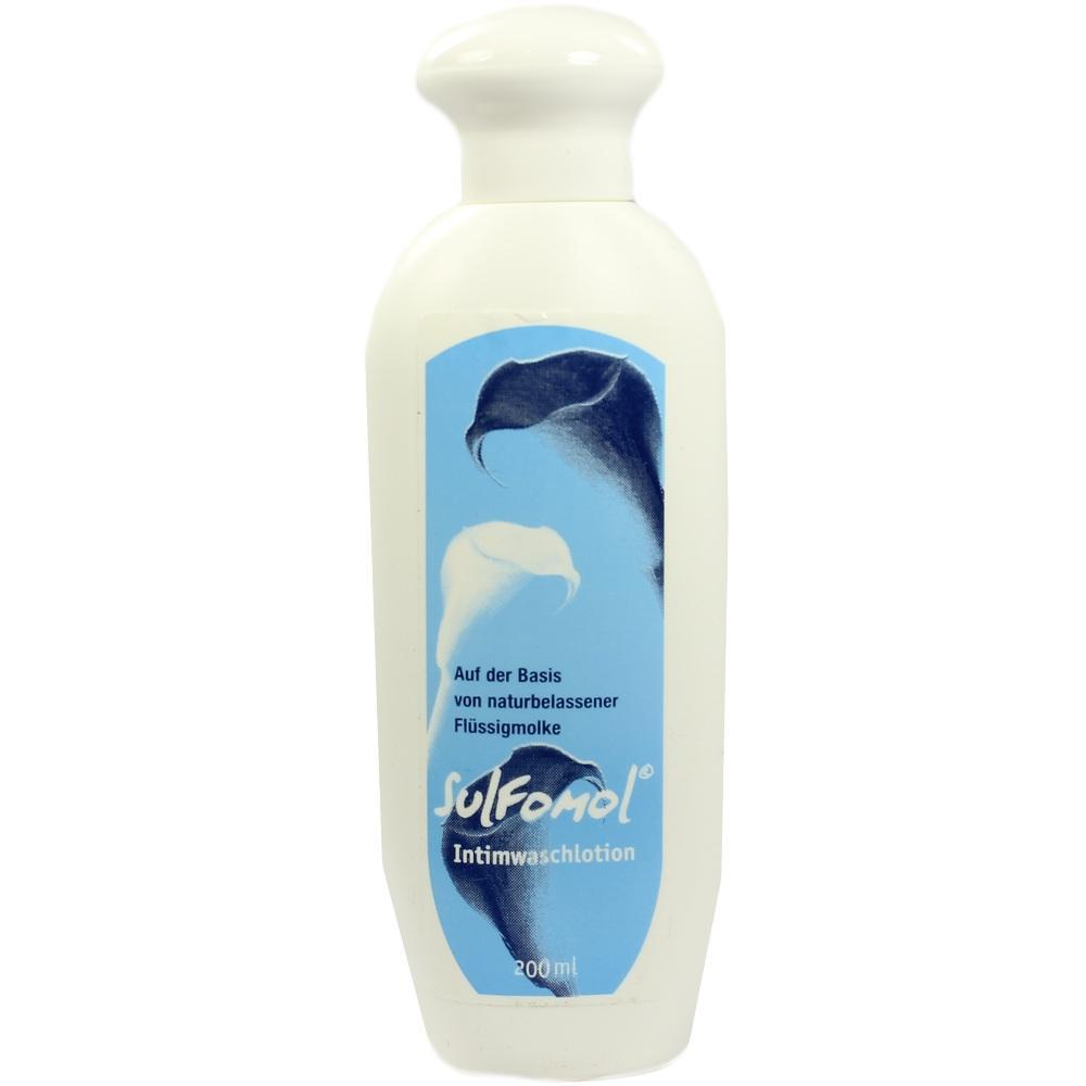 Weiße Flasche mit blauer Etikette für Intimwaschlotion.