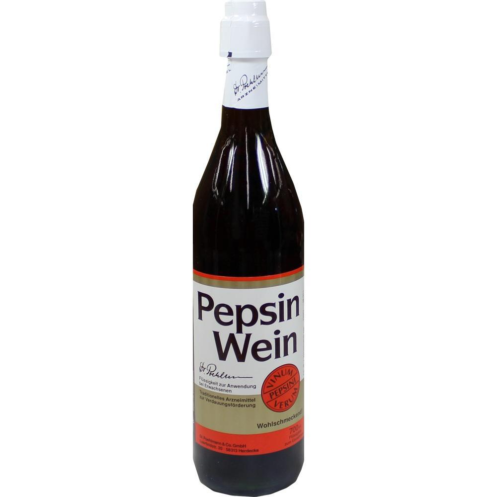 Eine Flasche mit dem Etikett "Pepsin Wein" steht aufrecht.