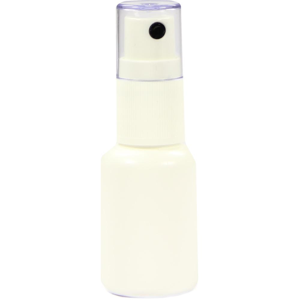 Weiße Sprayflasche mit durchsichtigem Deckel.