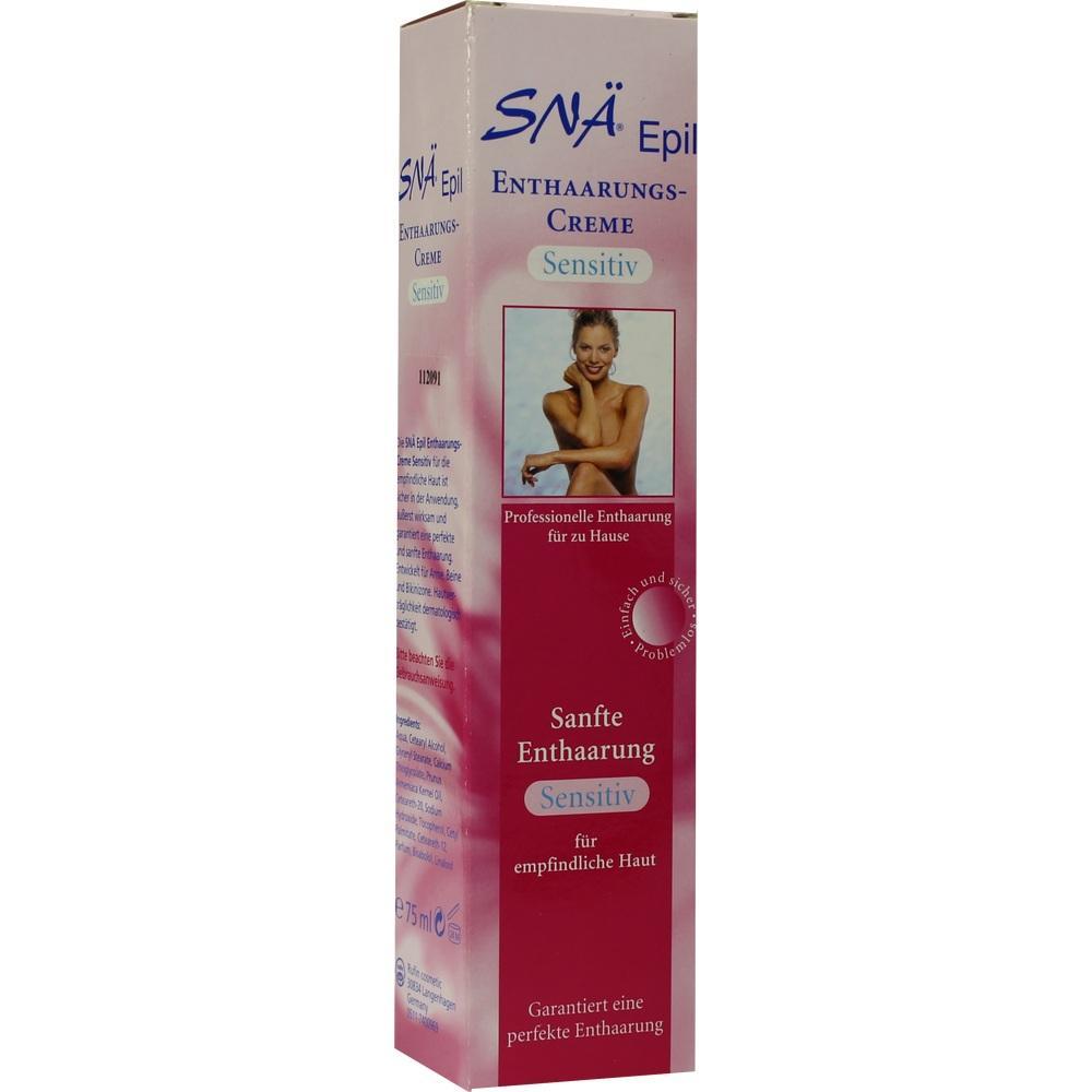 Rosa und weiße Verpackung einer Enthaarungscreme für sensible Haut.