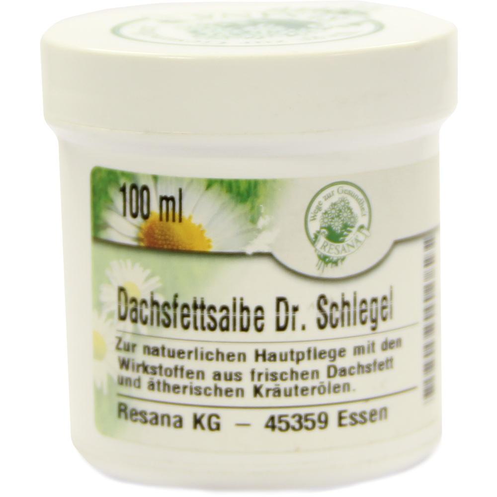 Weiße Dose mit der Aufschrift "Dachsfettsalbe Dr. Schlegel" und einem grünen Etikett.