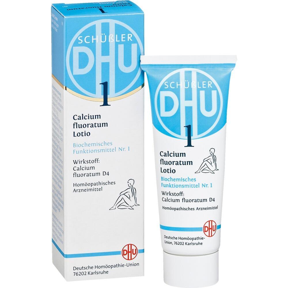 Eine blaue Schachtel und Tube mit Aufschrift "Calcium fluoratum Lotio".