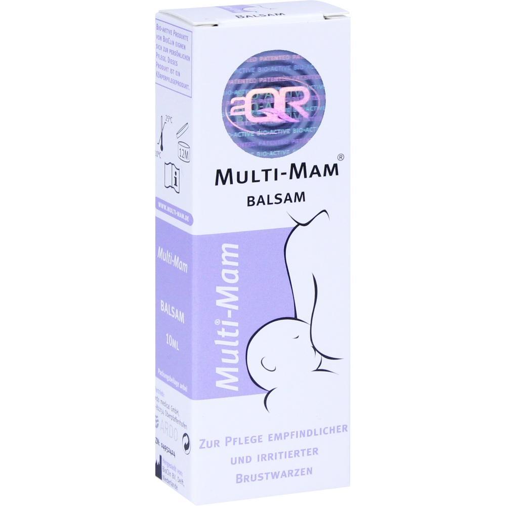 Weiße Verpackung eines Balsams mit lila Baby-Illustration und Text: "Multi-Mam Balsam".