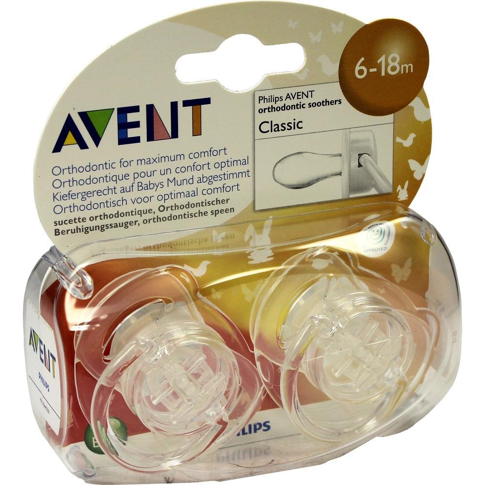 Verpackung mit zwei durchsichtigen Baby-Schnullern der Marke AVENT für 6-18 Monate.
