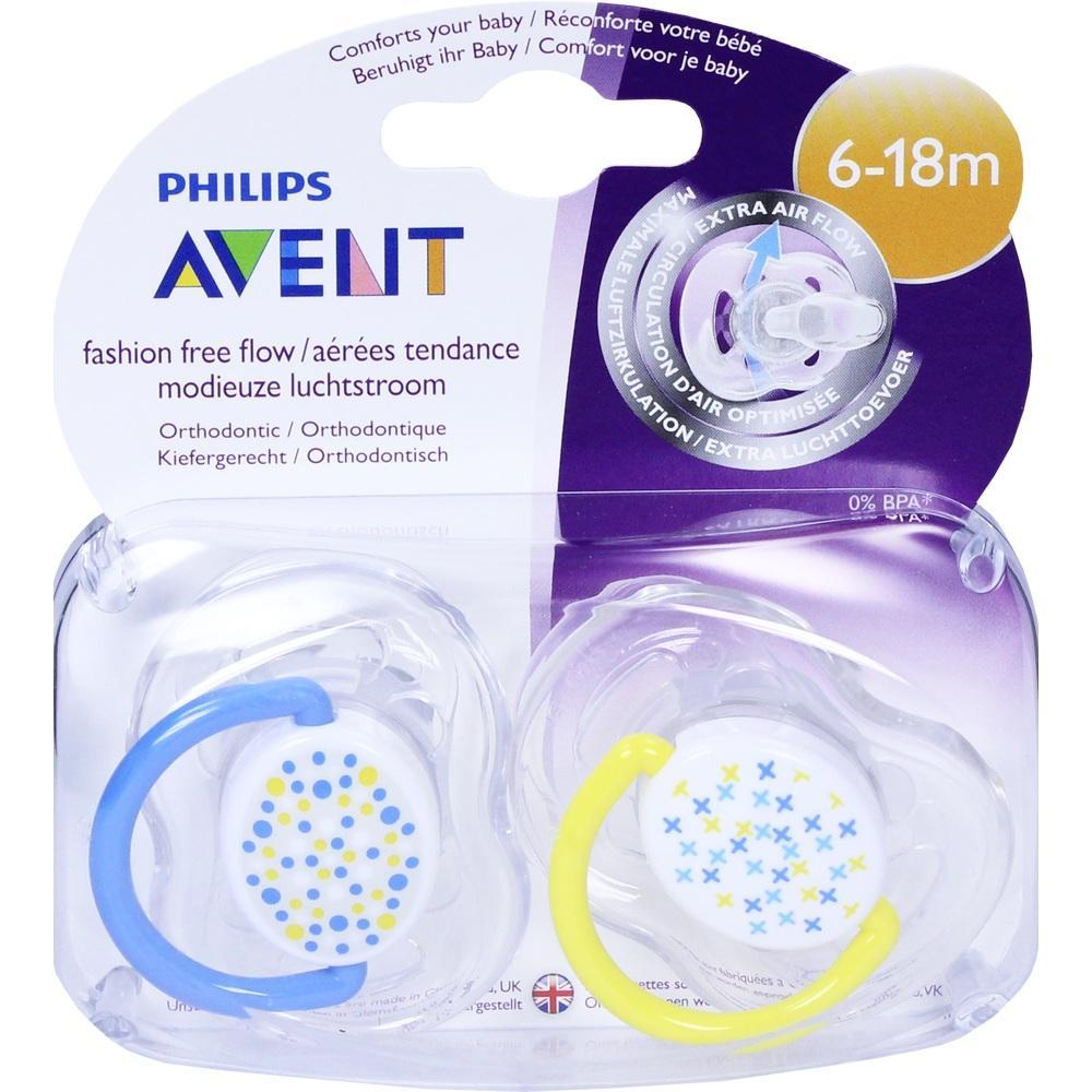 Zwei Schnuller in einer Plastikverpackung, einer mit blauem, der andere mit gelbem Griff.