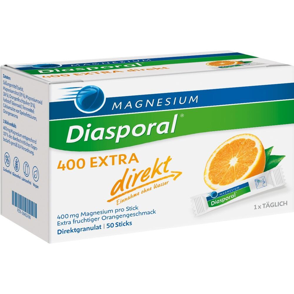 Die Verpackung zeigt Magnesium-Granulat mit Orangengeschmack für direkte Einnahme.