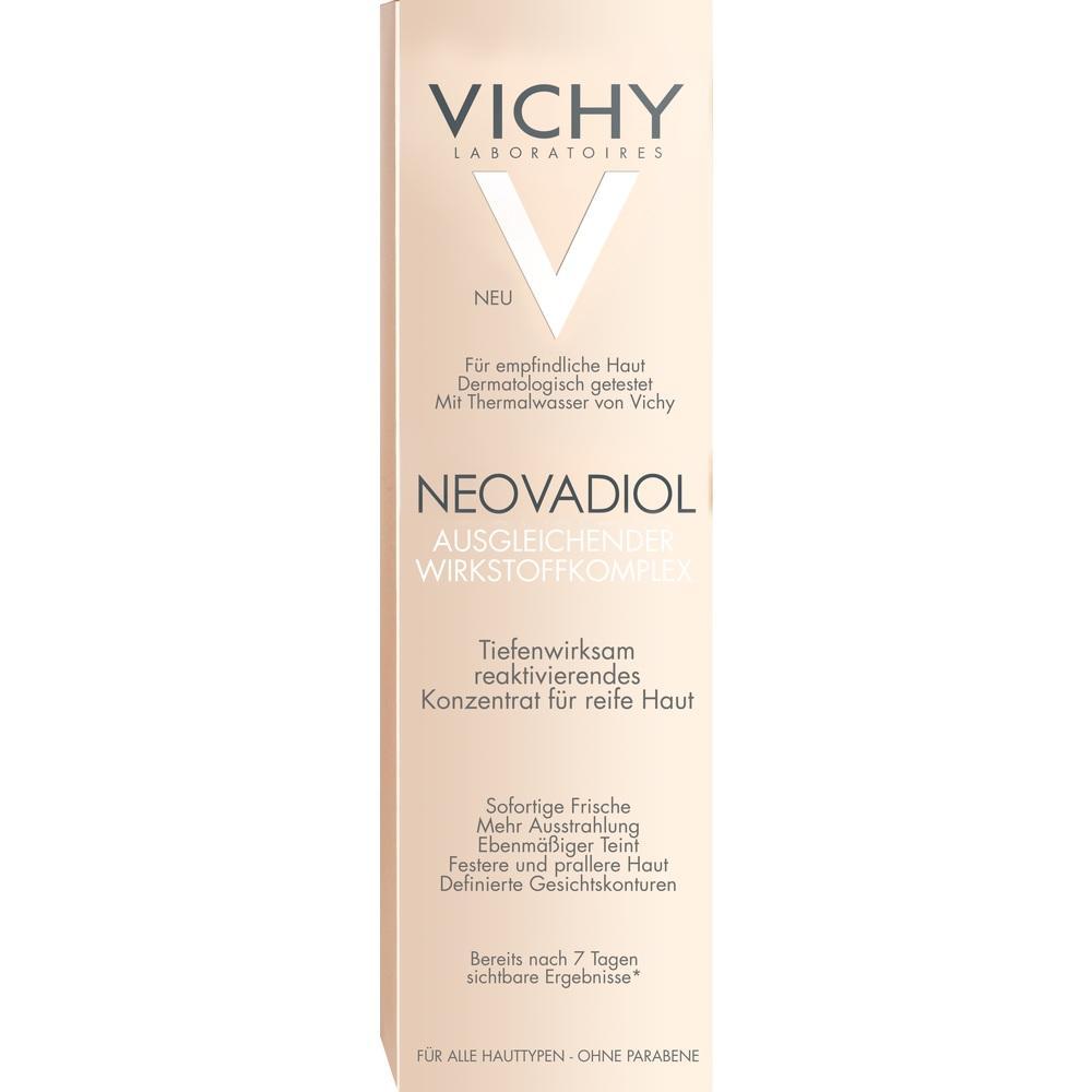 Beige Verpackung für Hautpflegeprodukt mit dem Namen "Neovadiol" von Vichy.
