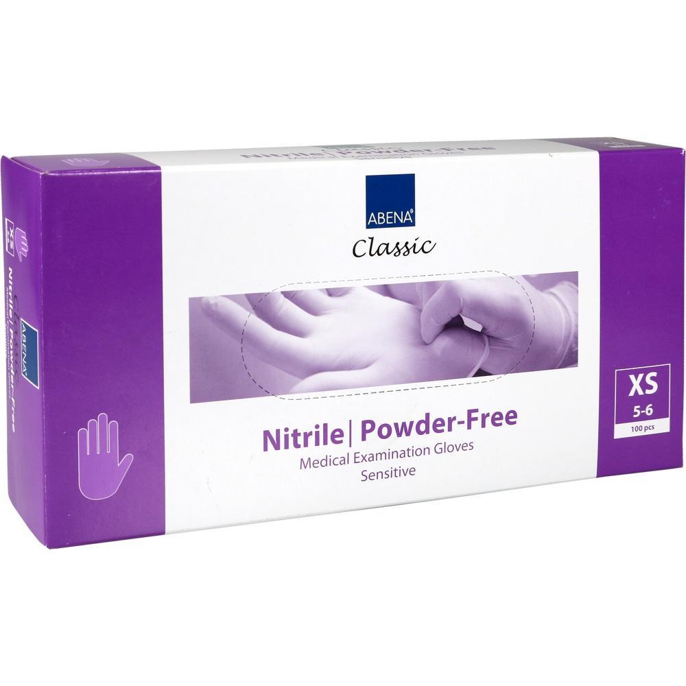 Lila Box mit Einmalhandschuhen aus Nitril in Größe XS.