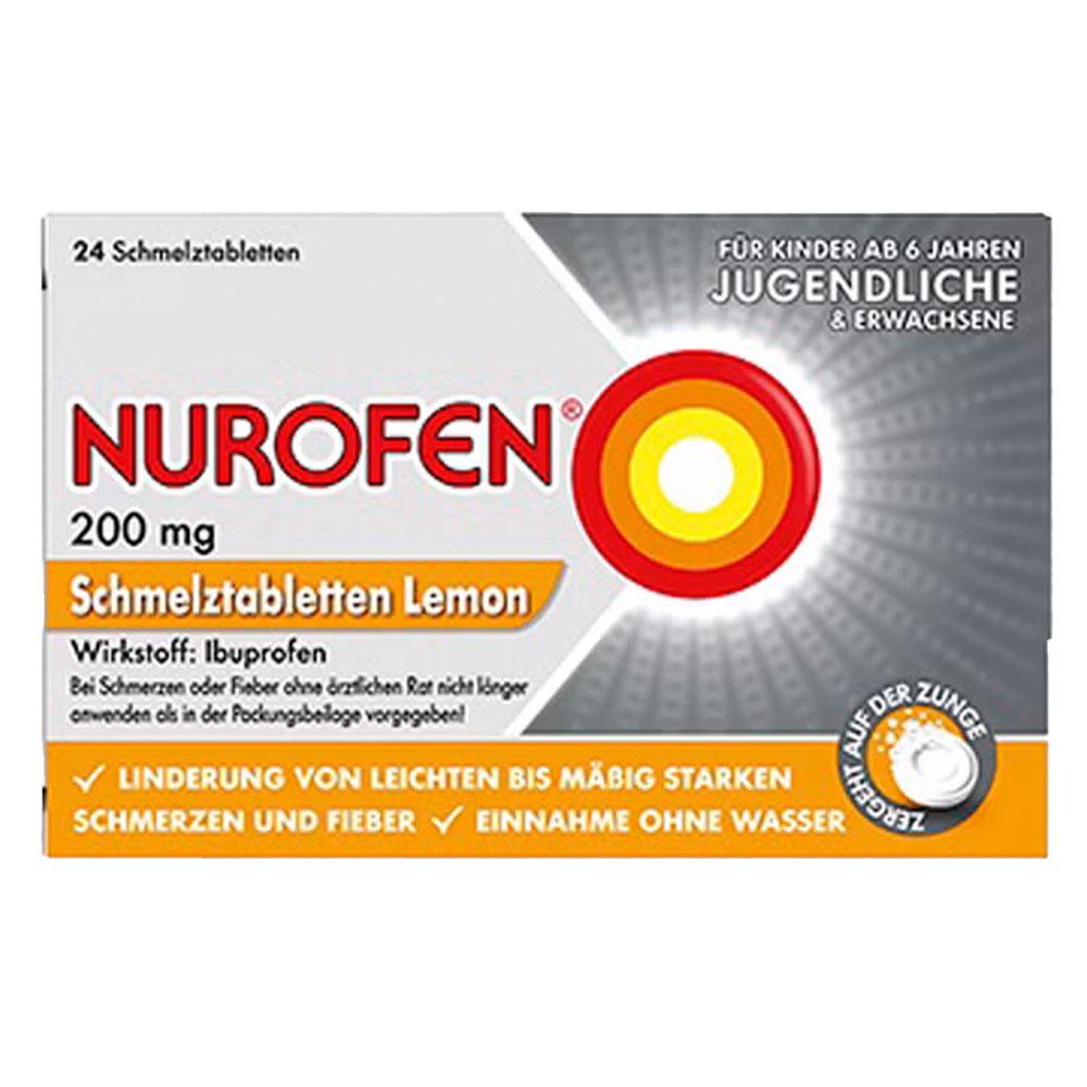 Packung von Nurofen Schmelztabletten Lemon mit 200 mg Ibuprofen für Kinder ab 6 Jahren.