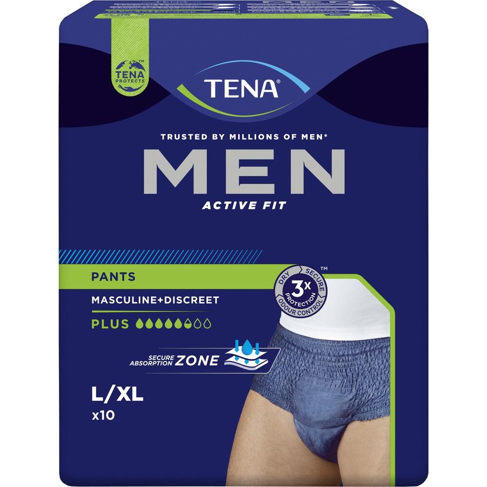 Verpackung von TENA Men Active Fit Pants in Größe L/XL für Männer.