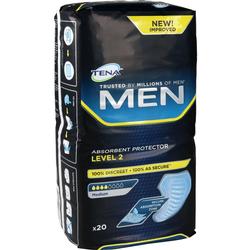 Schwarze Verpackung mit Aufschrift "TENA Men" und Bild eines Inkontinenzprodukts.