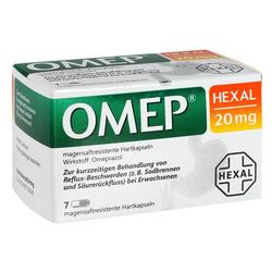Eine Verpackung von magensaftresistenten Hartkapseln OMEP Hexal 20 mg für Erwachsene.