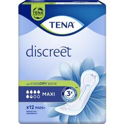 Verpackung von TENA Discreet Maxi Binden mit 12 Stück, blauer Hintergrund.