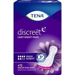Lila Verpackung von TENA Lady Nachtbinden mit Blumenmuster.