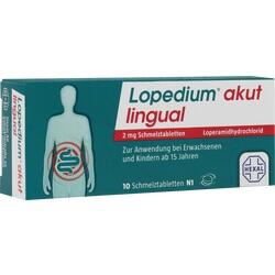 Verpackung von Lopedium akut lingual Tabletten gegen Durchfall für Menschen ab 15 Jahren.